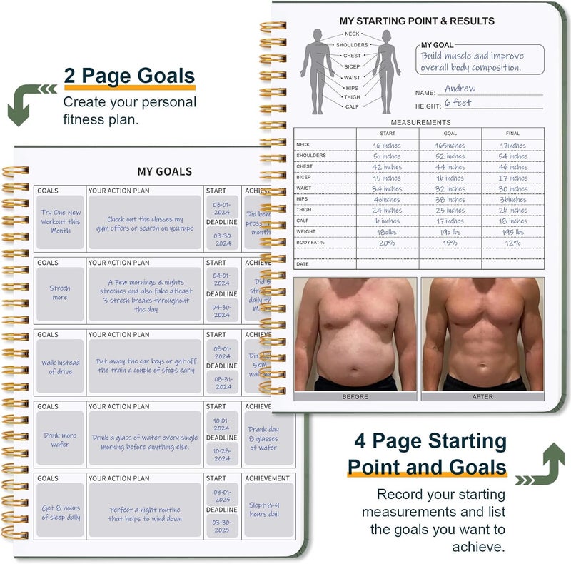 Guirnd Undated Fitness Workout Journal for Men & Women, A5(8.5" x 6.7") Fitness Journal Workout Planner, Workout Log Book Planner for Tracking, Motivating, and Achieving Your Fitness Goals - Green - Image 4